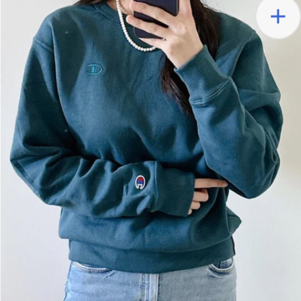 CHAMPION C Logo Y2K Preppy Dark Wash Teal Crew Neck Sweatshirt Women’s Size L